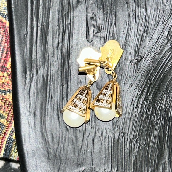 Spanish  Damascene earrings pearls golden souvenir toledo dangles - Picture 2 of 6